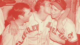 Members of the Cleveland Indians, Gene Bearden, Jim Hegan, and Bob Lemon celebrate the 1948 World Series title.