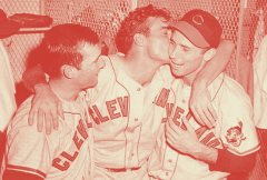 Members of the Cleveland Indians, Gene Bearden, Jim Hegan, and Bob Lemon celebrate the 1948 World Series title.